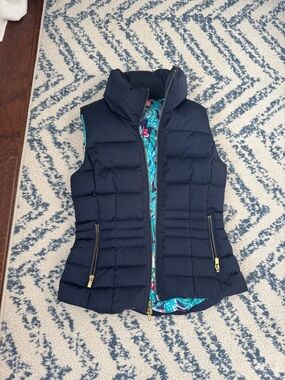 Lilly Pulitzer Navy Quilted Puffer Vest with Teal Printed Lining